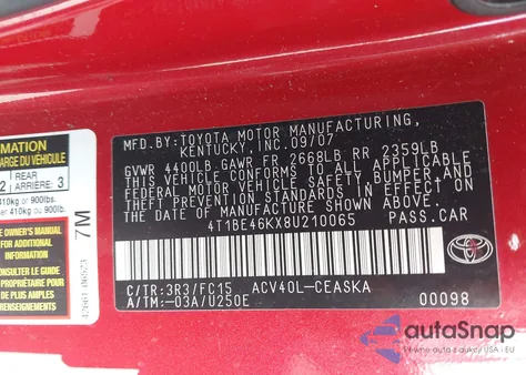 2008 Toyota Camry Se z USA, uszkodzony, nr VIN 4T1BE46KX8U210065